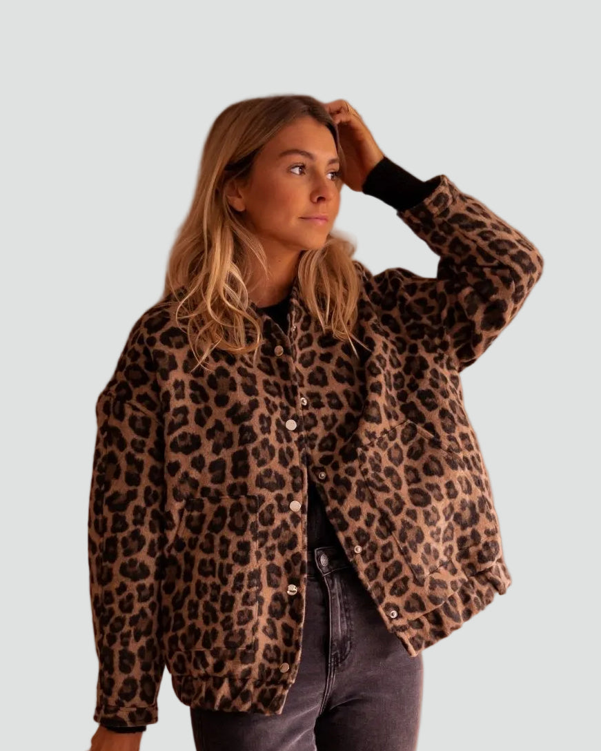 Dámská hnědá bomber bunda s leopardím potiskem a pohodlným střihem