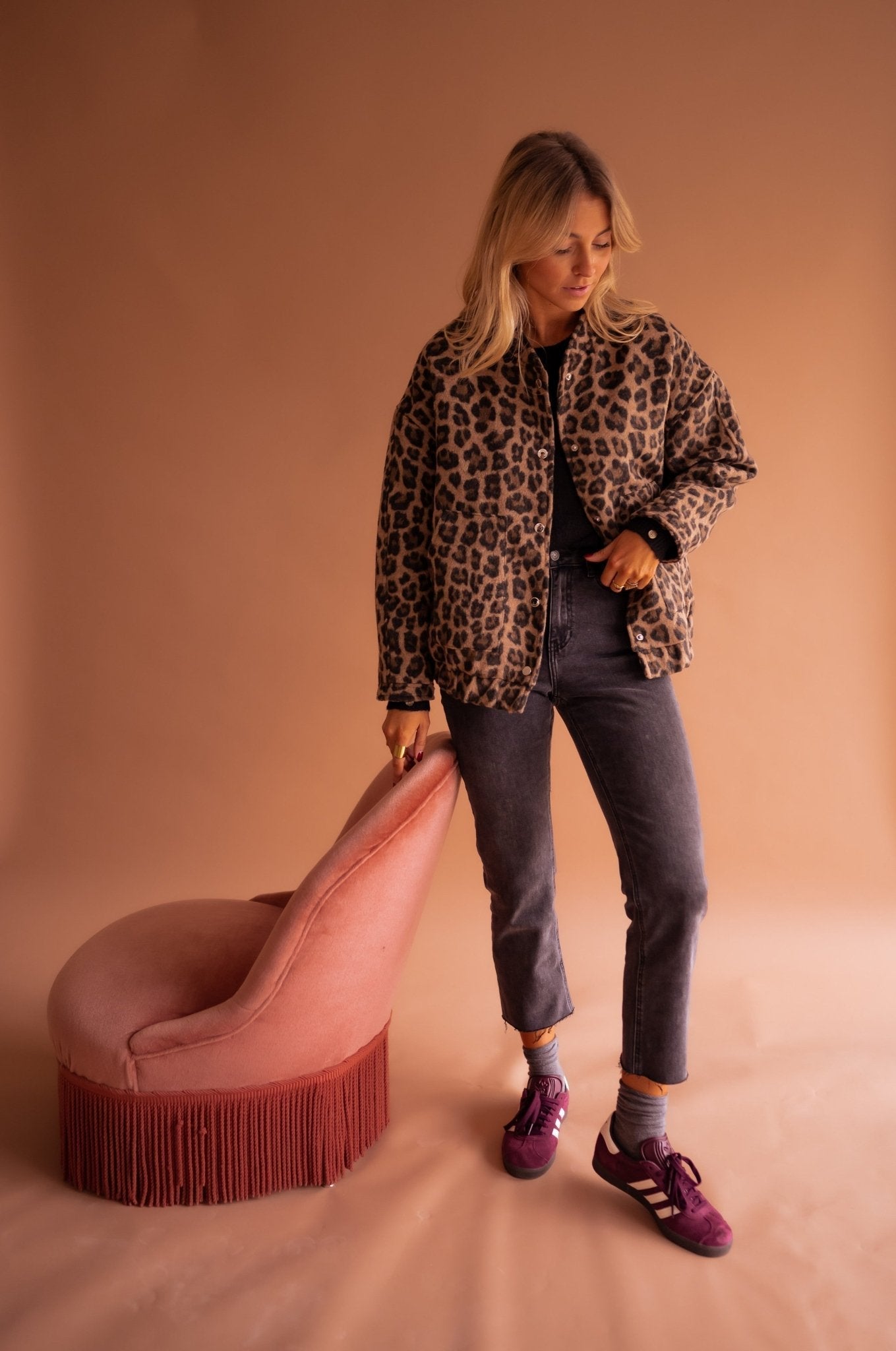 Women's Brown Bomber Jacket with Leopard Print and Comfortable Fit