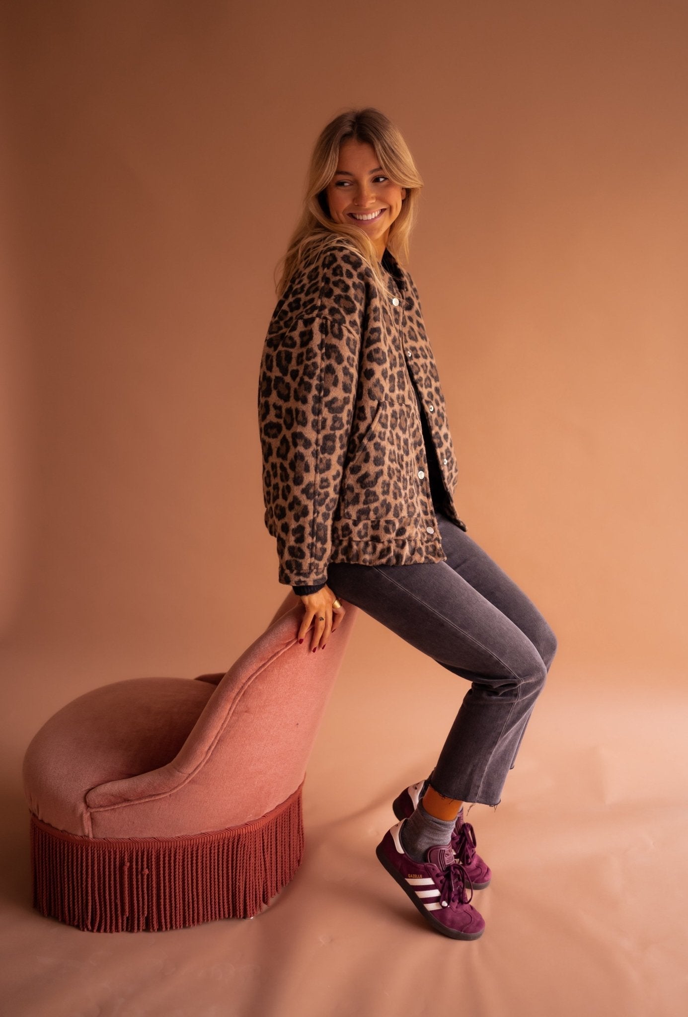 Women's Brown Bomber Jacket with Leopard Print and Comfortable Fit