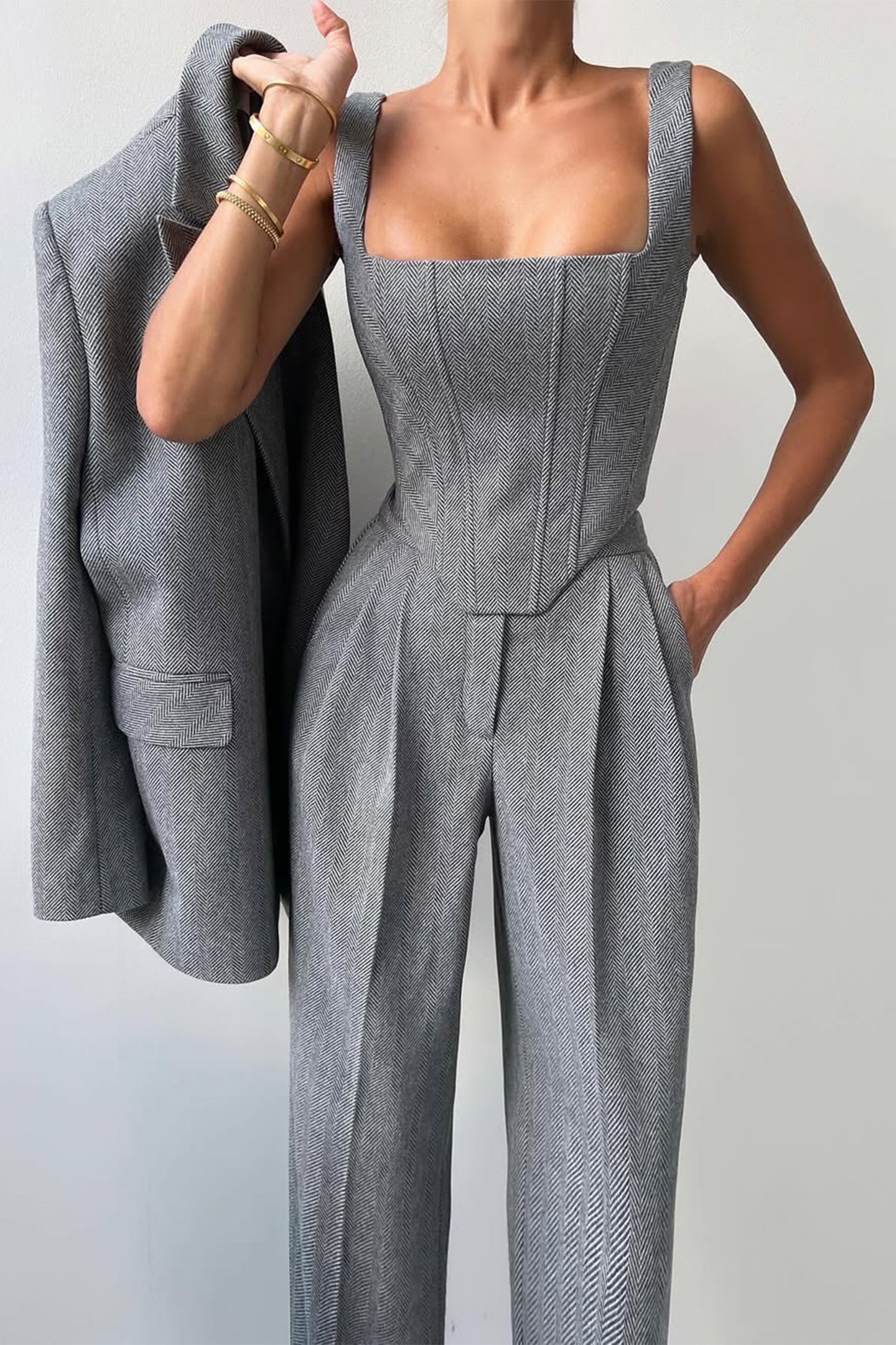 Traje Abrigo Mujer Blanco Forrado Traje de Pantalón Tres Piezas