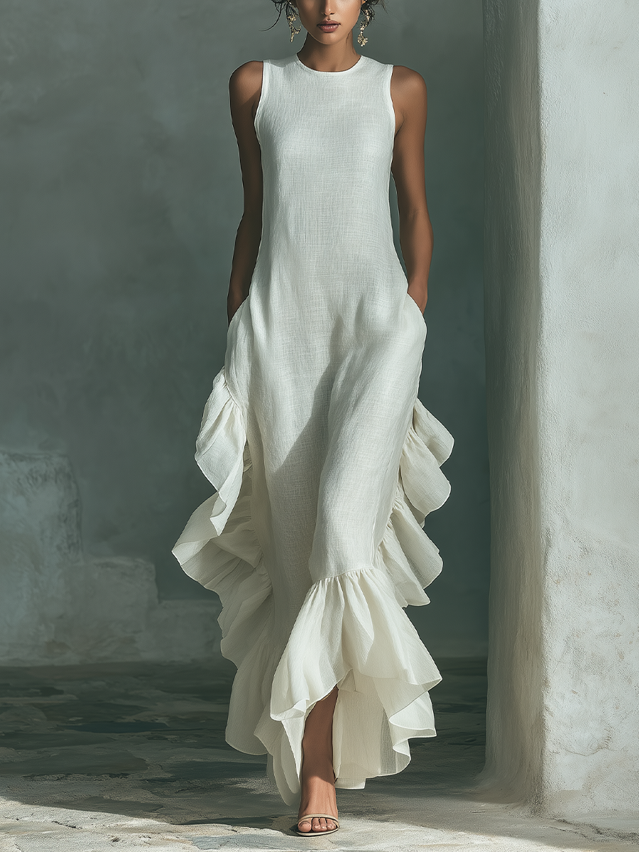 Robe maxi femme en lin, col rond, volants, asymétrique