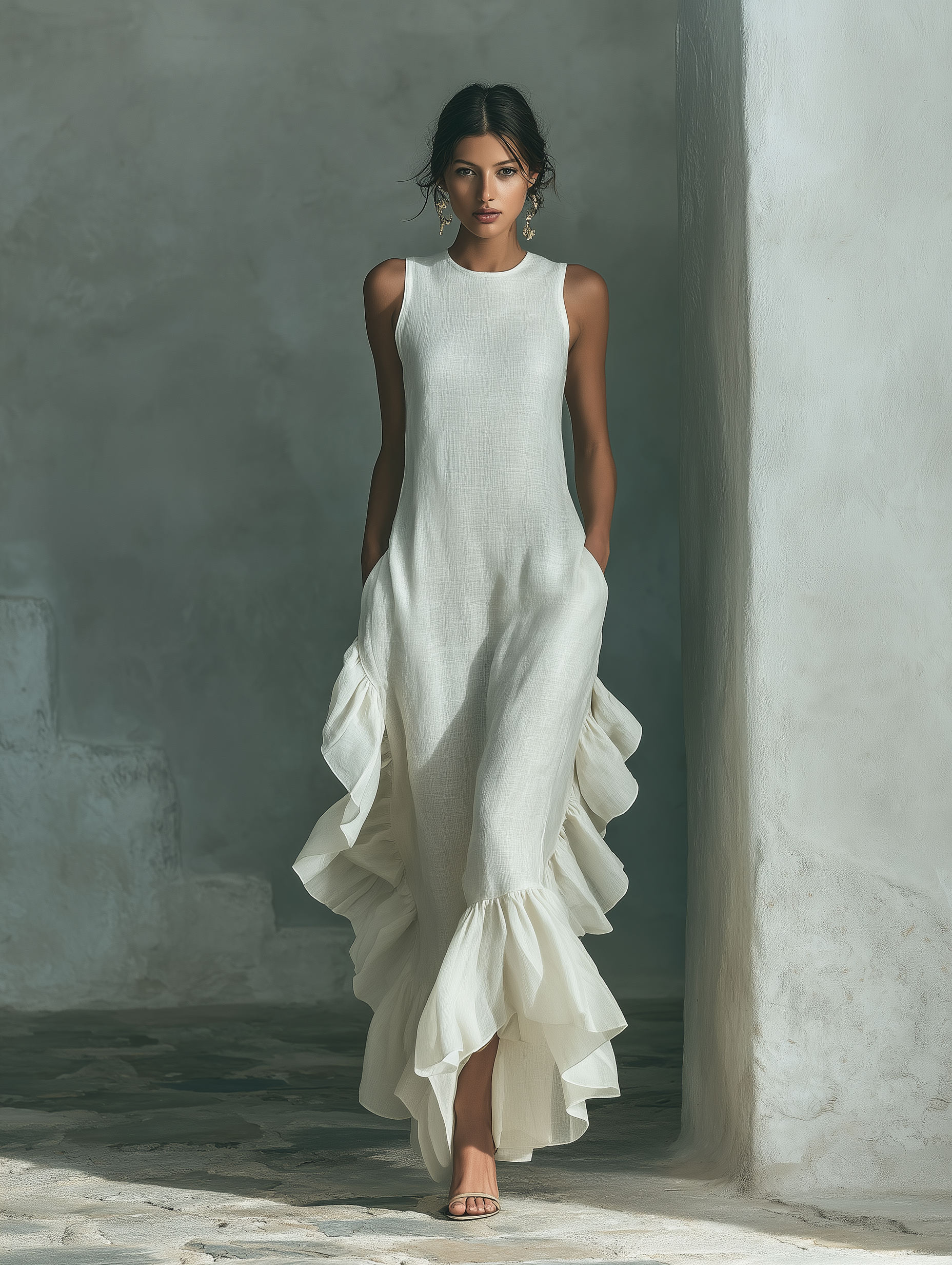 Robe maxi femme en lin, col rond, volants, asymétrique