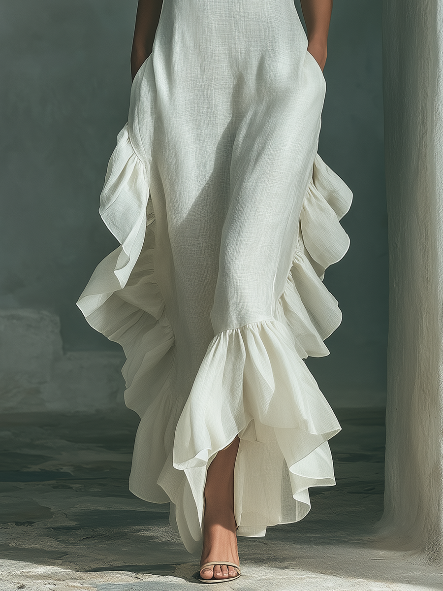 Robe maxi femme en lin, col rond, volants, asymétrique