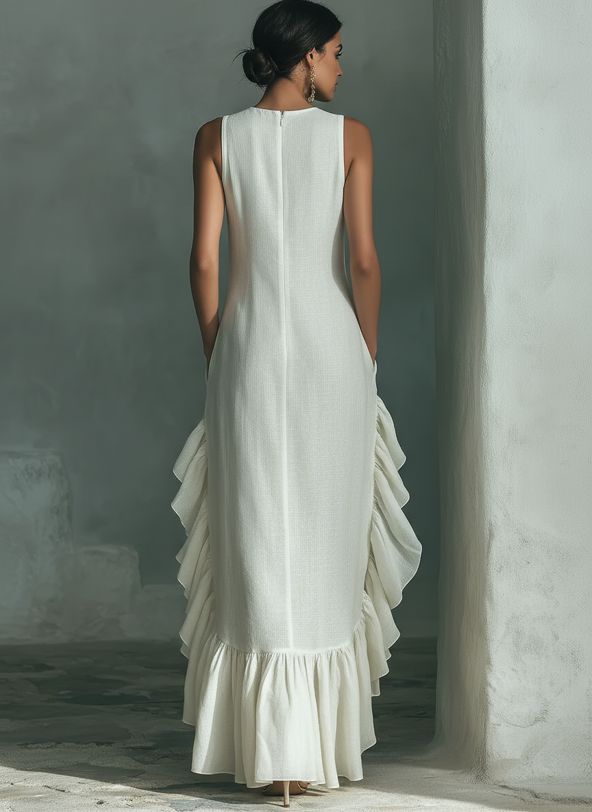 Robe maxi femme en lin, col rond, volants, asymétrique