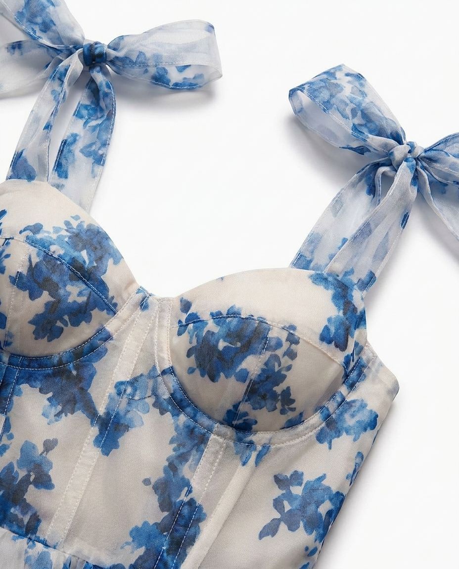 Midi kjole til damer med blomsterprint, organza og hjerteformet overdel