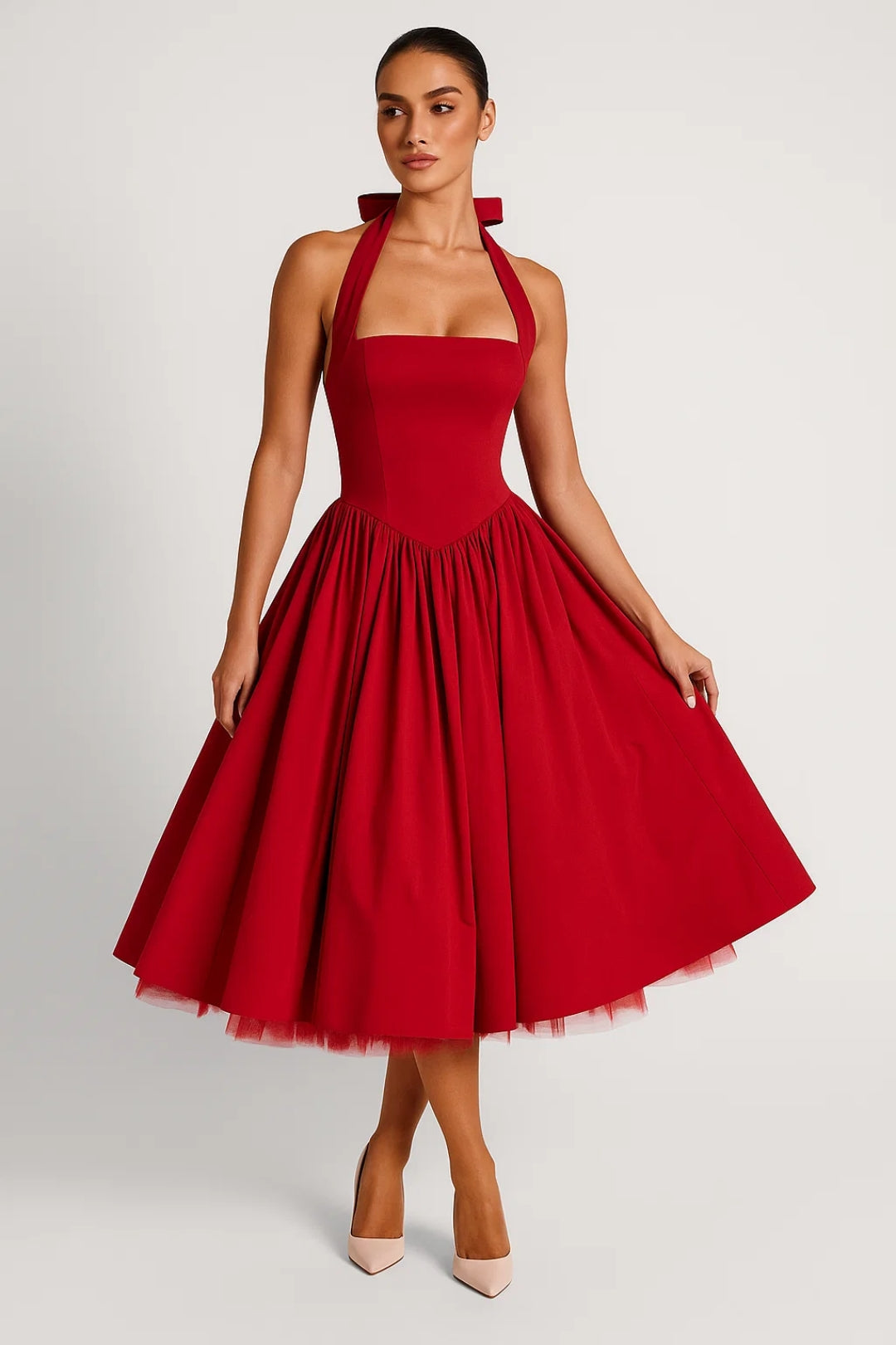 Vestido Midi Mujer Cuello Halter Línea A Formal Fiesta