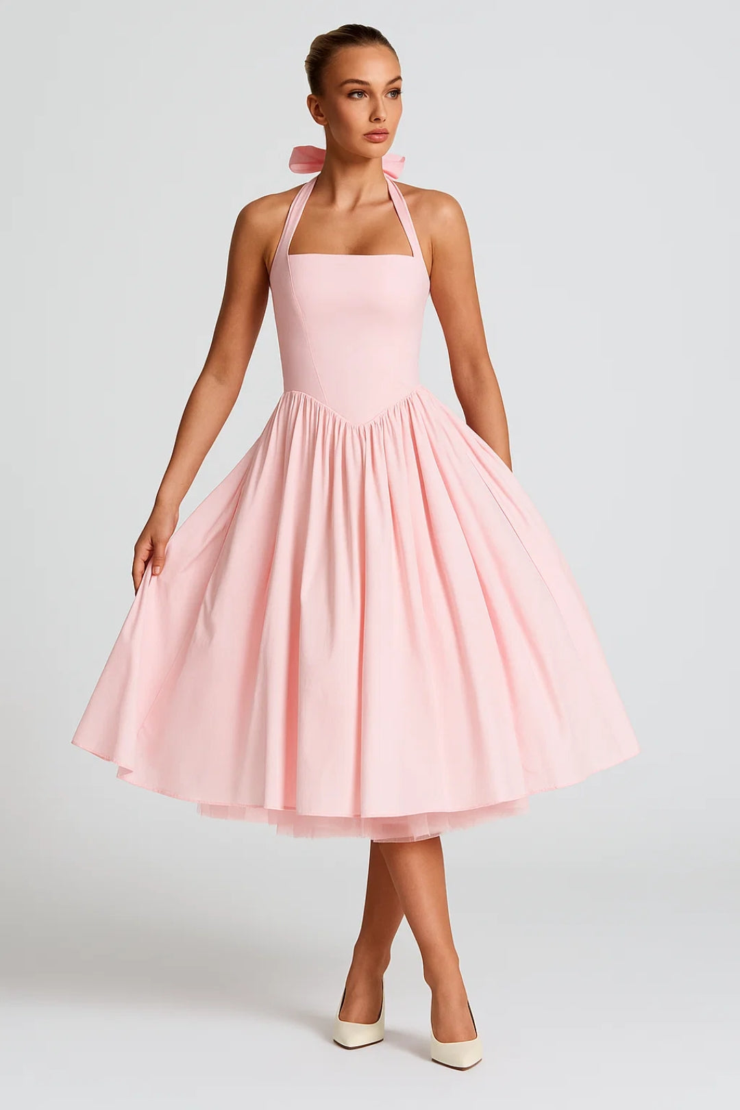 Vestido Midi Mujer Cuello Halter Línea A Formal Fiesta