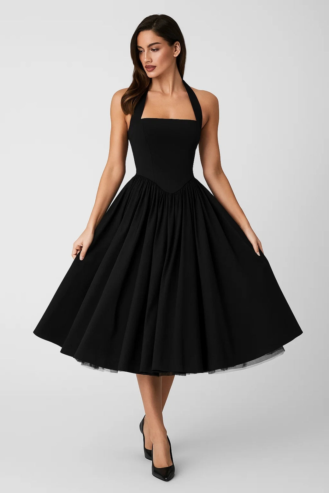 Vestido Midi Mujer Cuello Halter Línea A Formal Fiesta