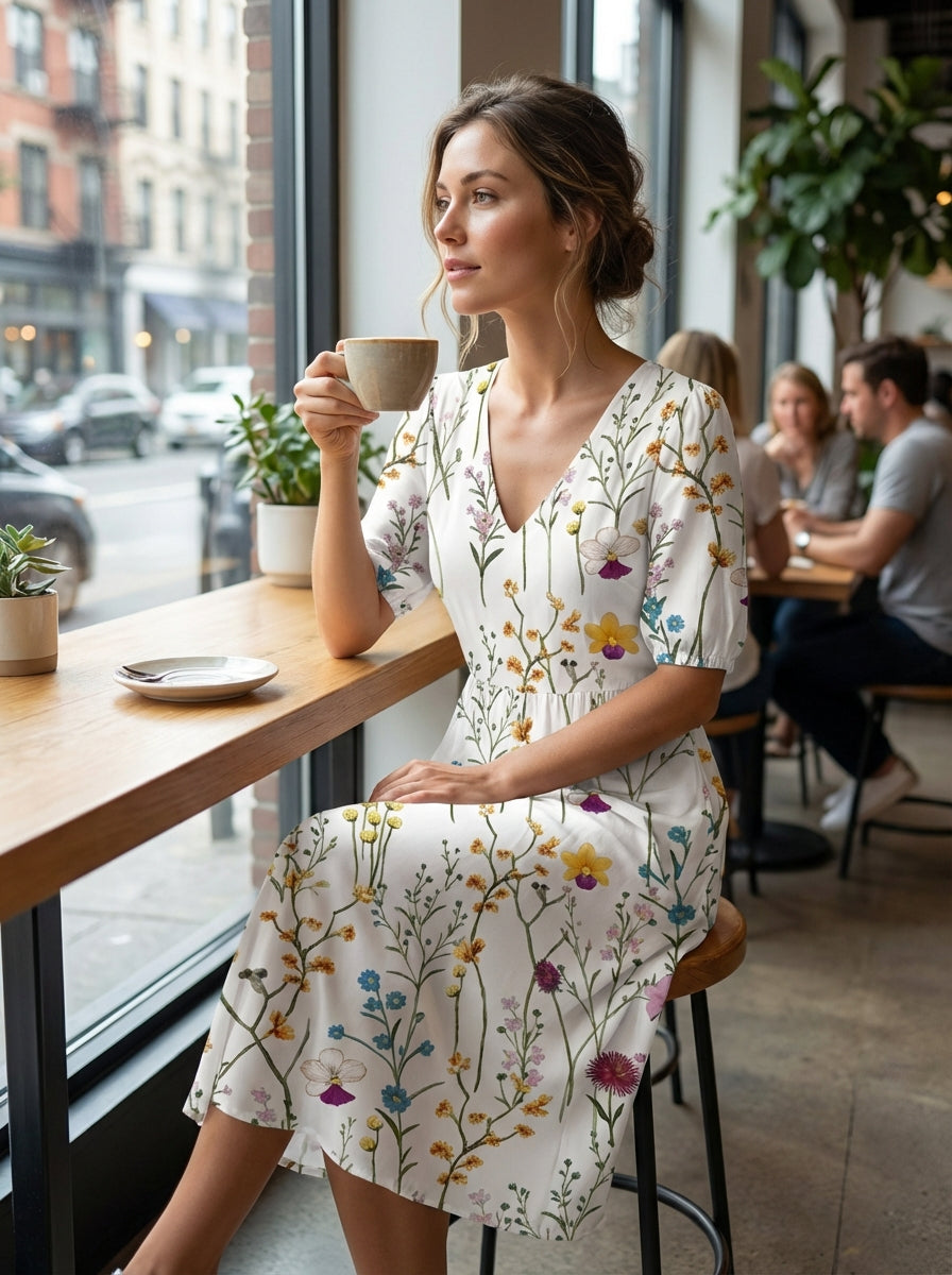 Midi Jurk Dames Korte Mouwen Bloemmotief Casual