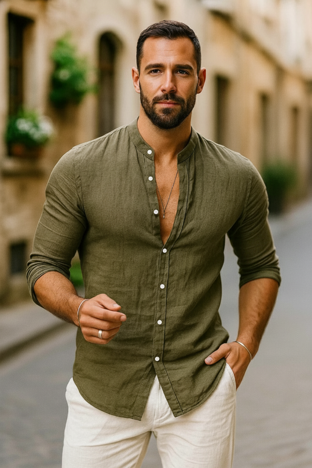 Camisas Hombre Ajuste Relajado Mangas Tres Cuartos Casual Verano