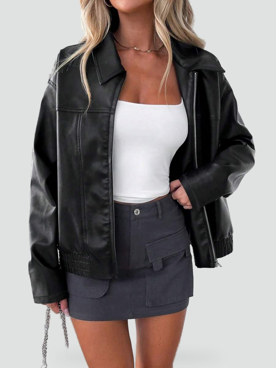 CLEMENCE - OVERSIZED WIDE COLLAR FAUX LEATHER JACKET 1