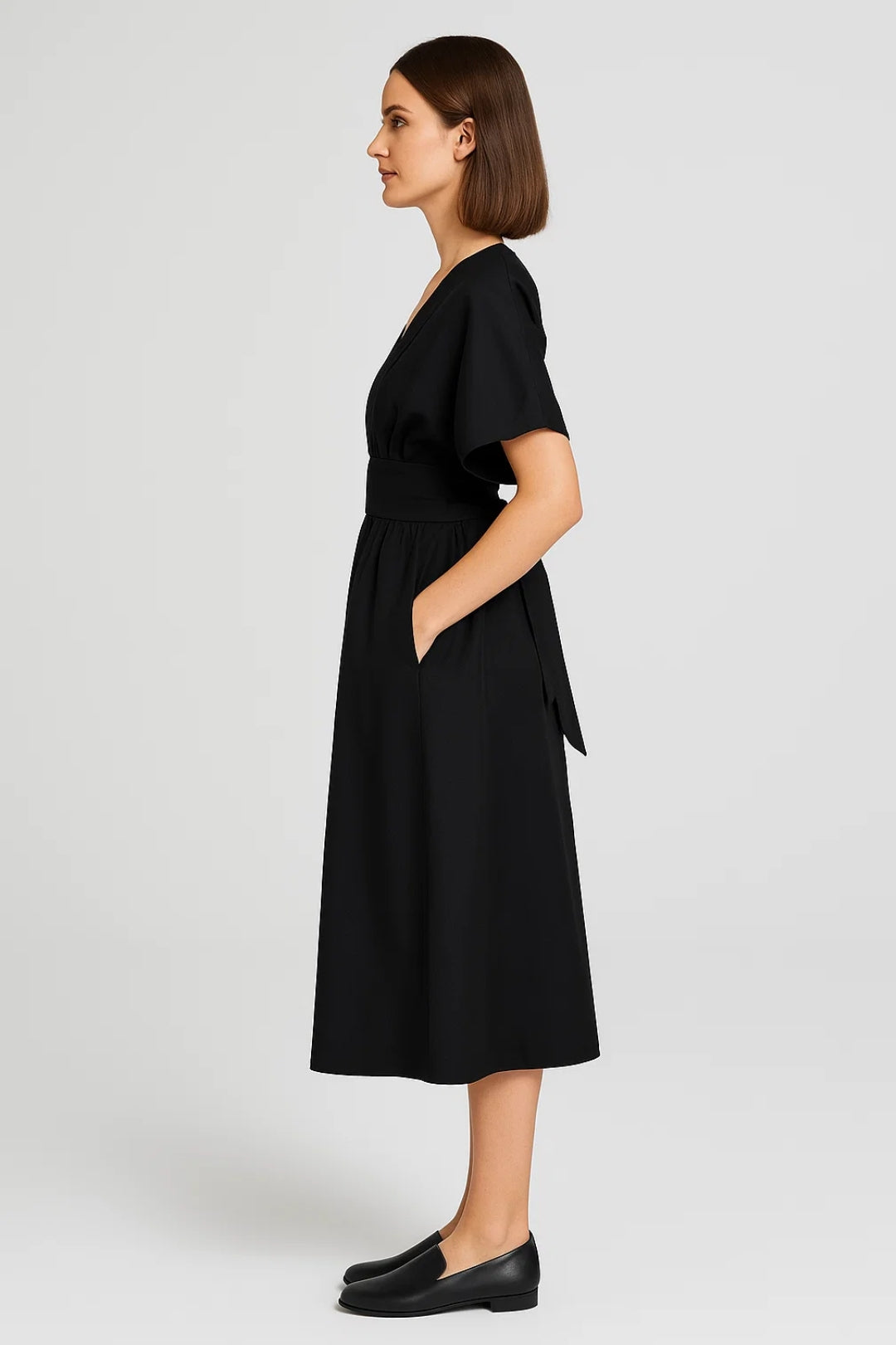 Robe midi portefeuille femme manches courtes décontractée