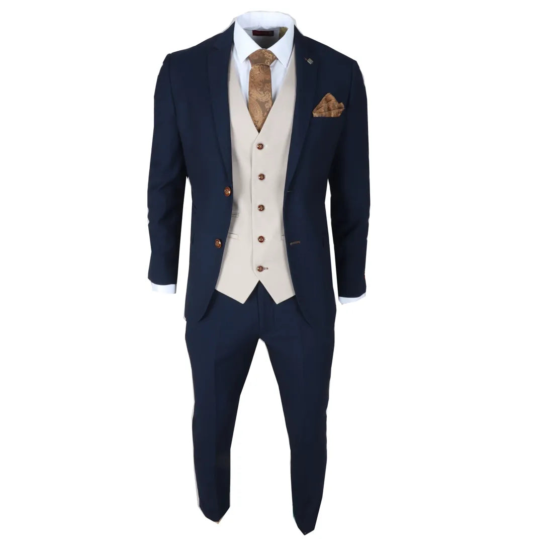 Costume homme trois pièces bleu marine coupe ajustée formel
