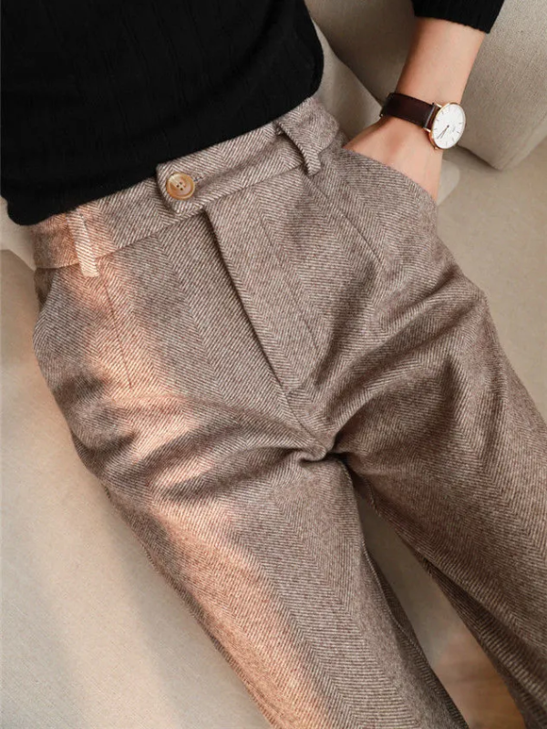 Calças Mulher Cintura Alta Lã Inverno Formal Casual