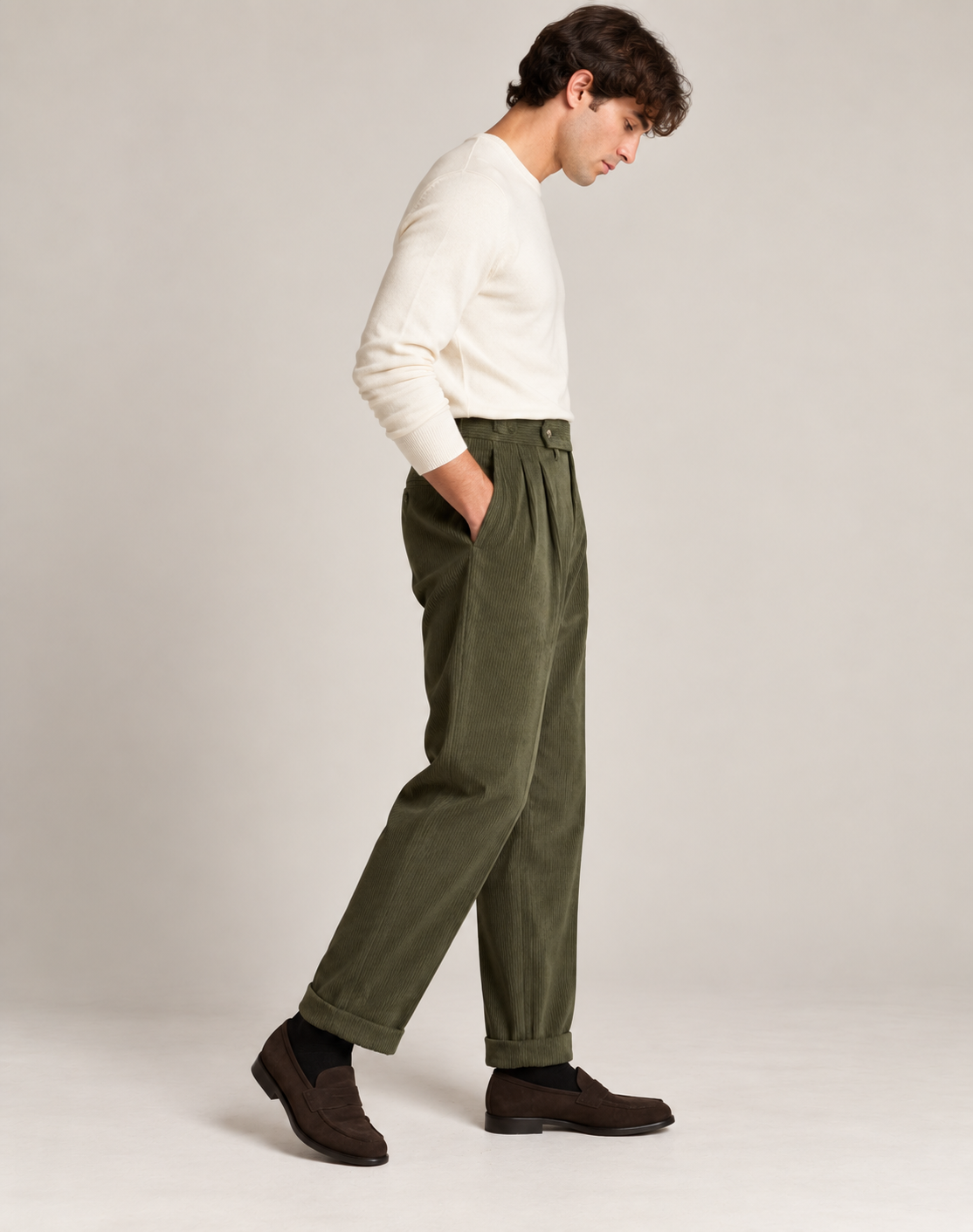 Corduroy Pleated Trousers Men Classic Formal