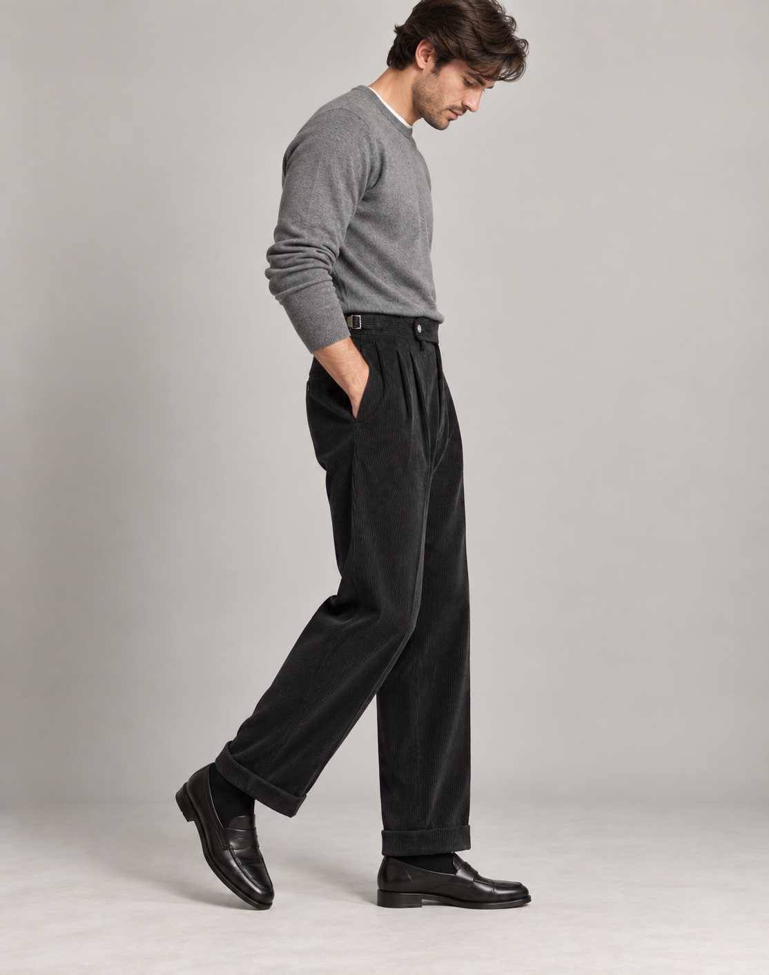 Corduroy Pleated Trousers Men Classic Formal