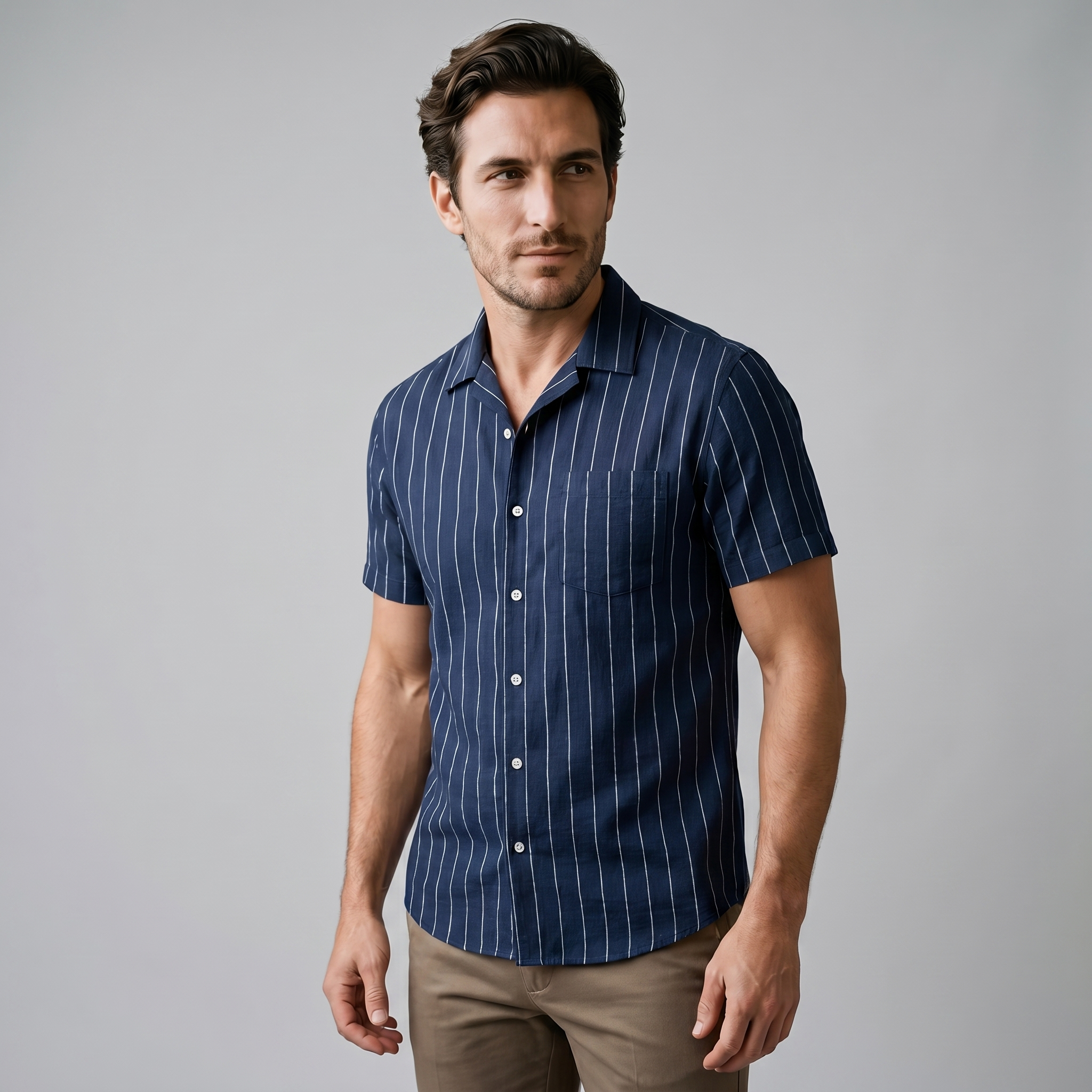 Camisa de campamento a rayas para hombre, manga corta, casual de verano