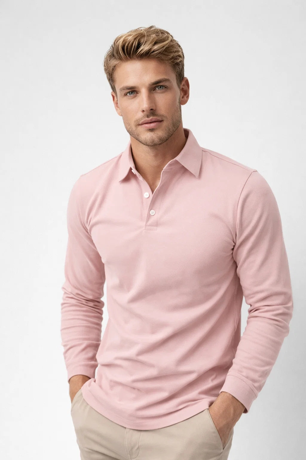 Polo Herren Langarm Slim Fit Klassischer Kragen Freizeit