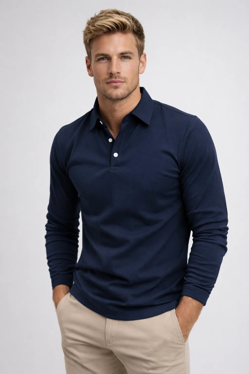 Polo Herren Langarm Slim Fit Klassischer Kragen Freizeit