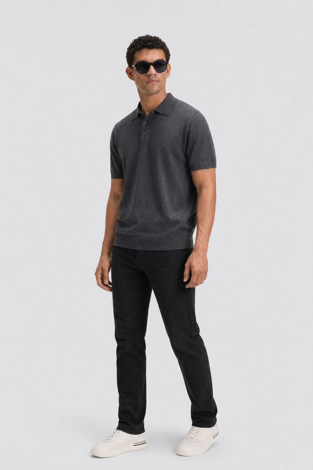 Poloshirt Herren Gerippter Kragen Drei Knöpfe