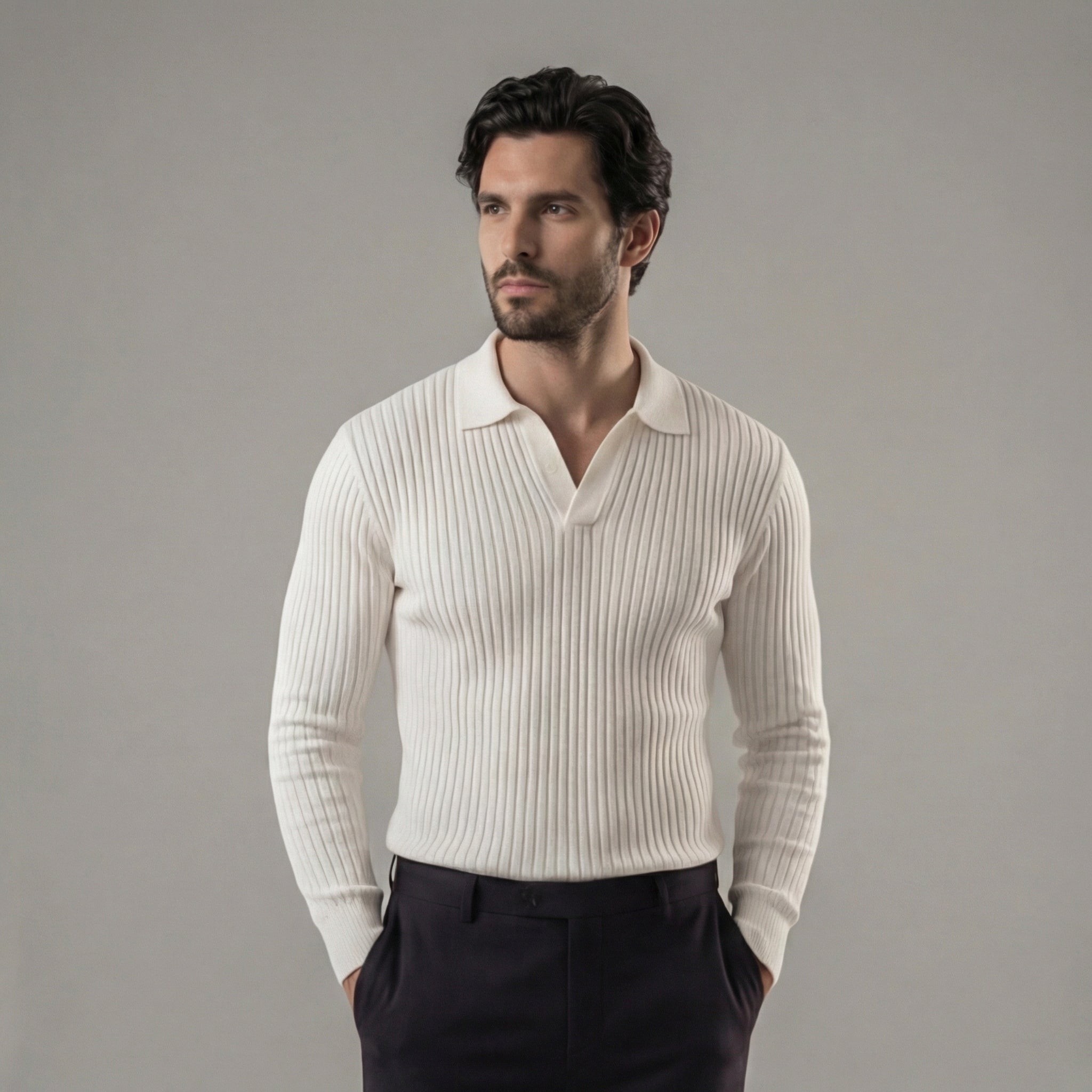 Polo Homem Manga Comprida Decote V Casual