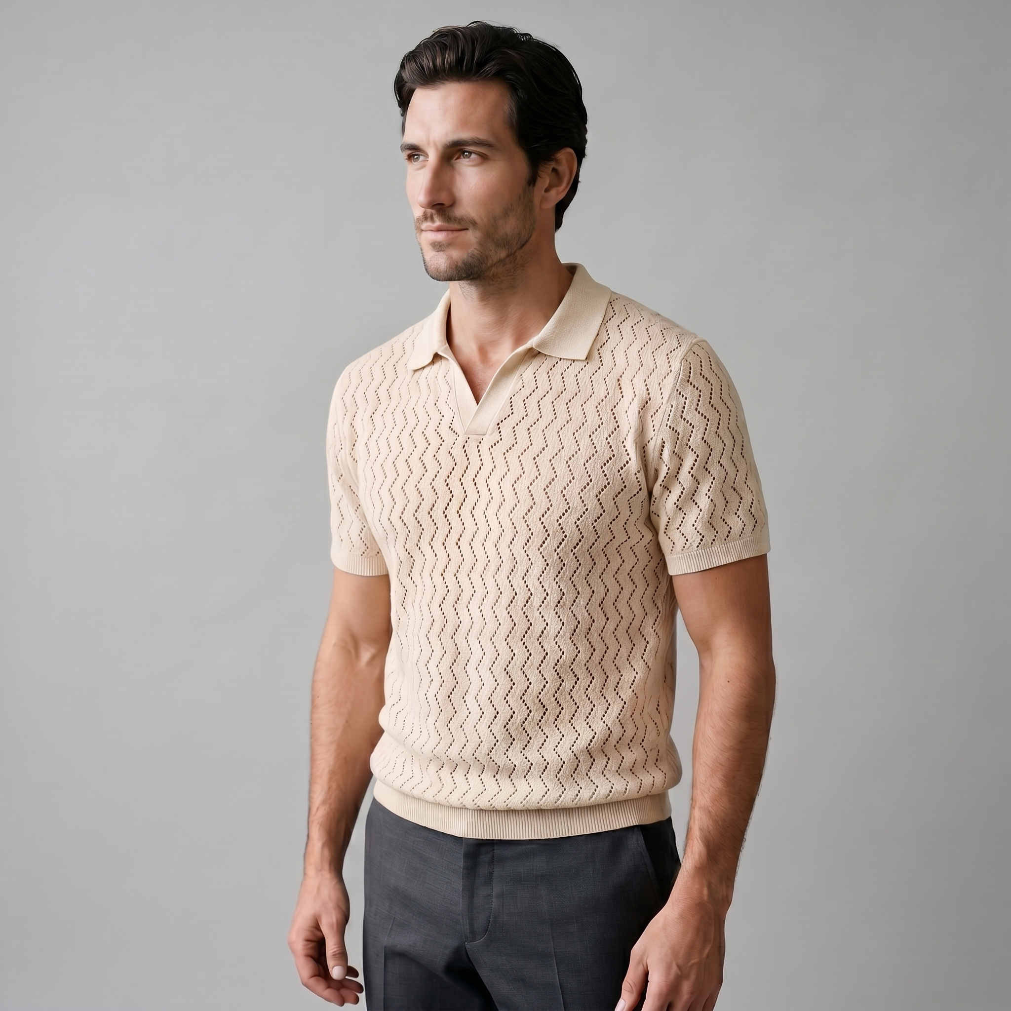 Poloshirt Heren Chevron Open-Knit Zomer Casual