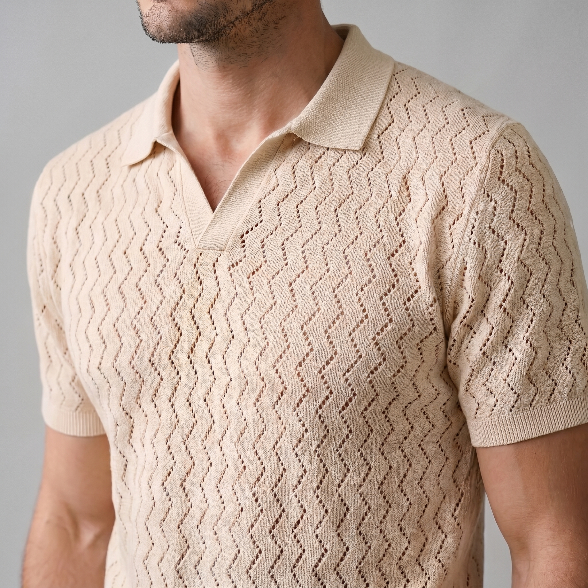 Poloshirt Heren Chevron Open-Knit Zomer Casual