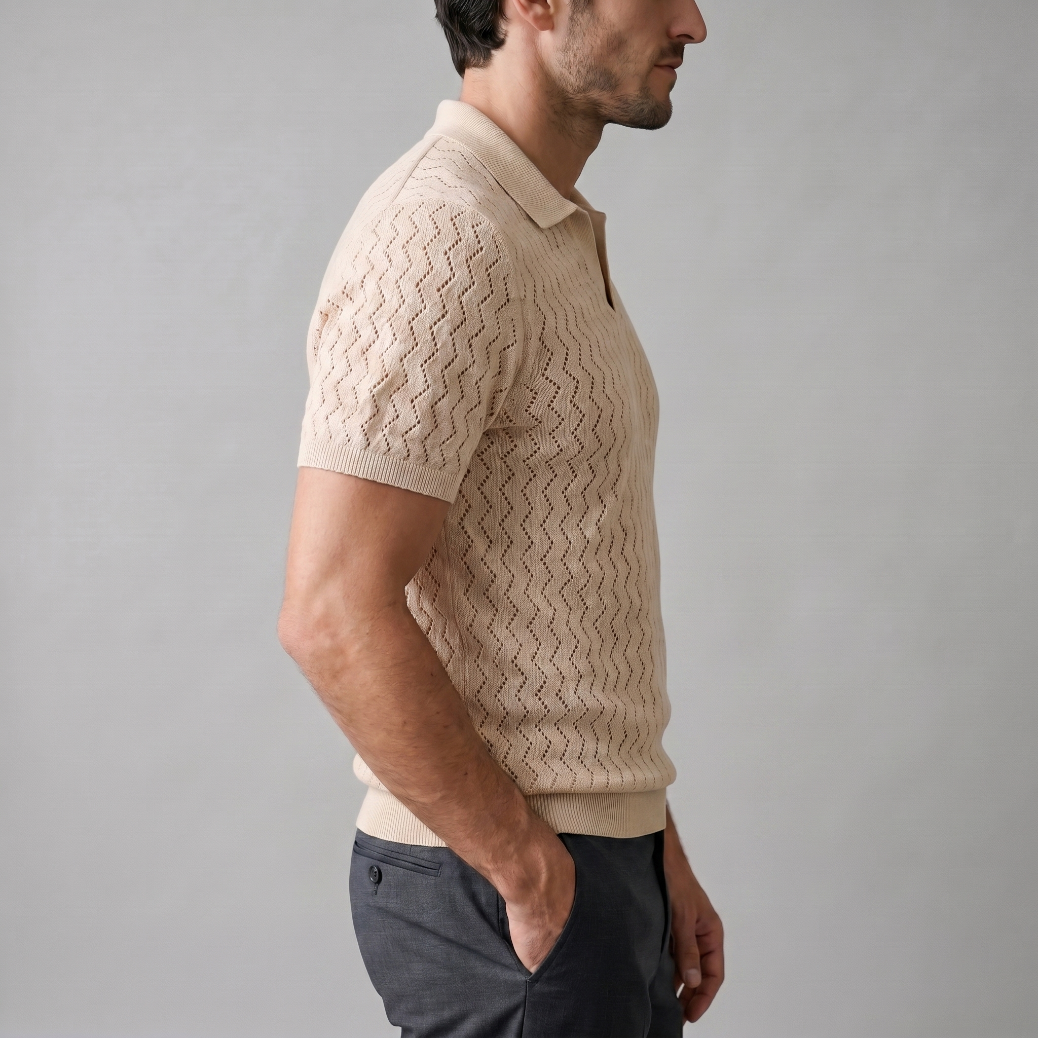 Poloshirt Herre Chevron Åben Strik Sommer Casual