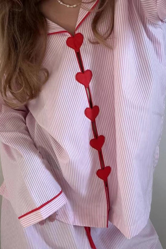 Ensemble Pyjama Femme Deux Pièces Cœurs Boutons Taille Élastique