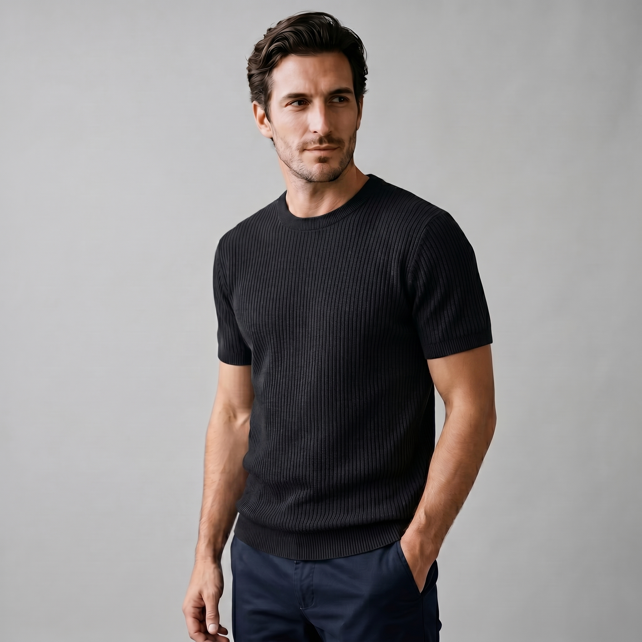 Ribbed Knit T-Shirt Heren Ronde Hals Casual