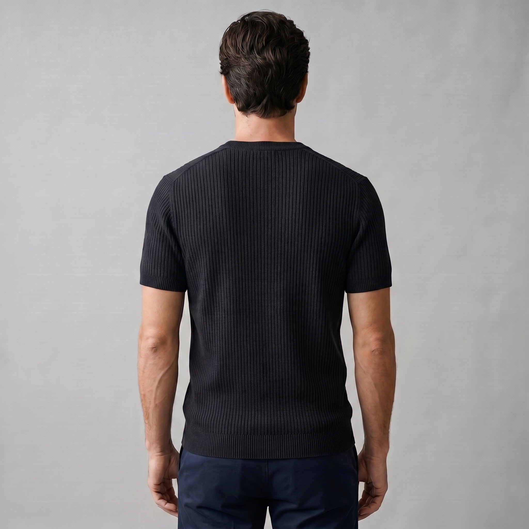 Ribbed Knit T-Shirt Heren Ronde Hals Casual