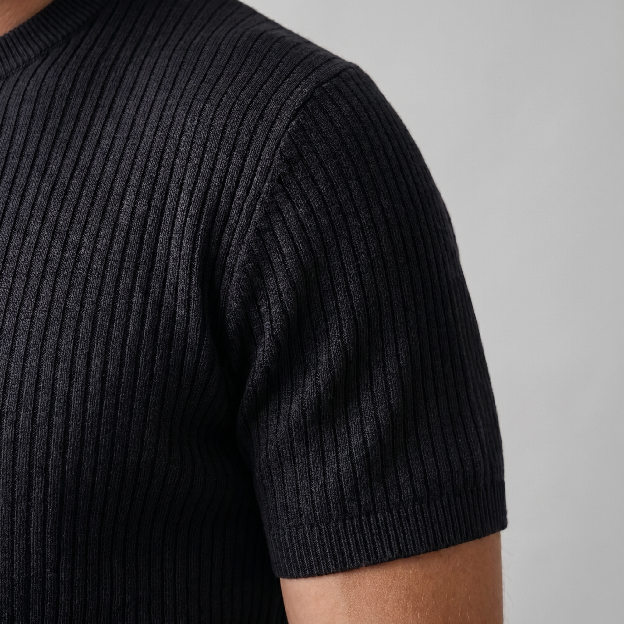 Ribbed Knit T-Shirt Heren Ronde Hals Casual