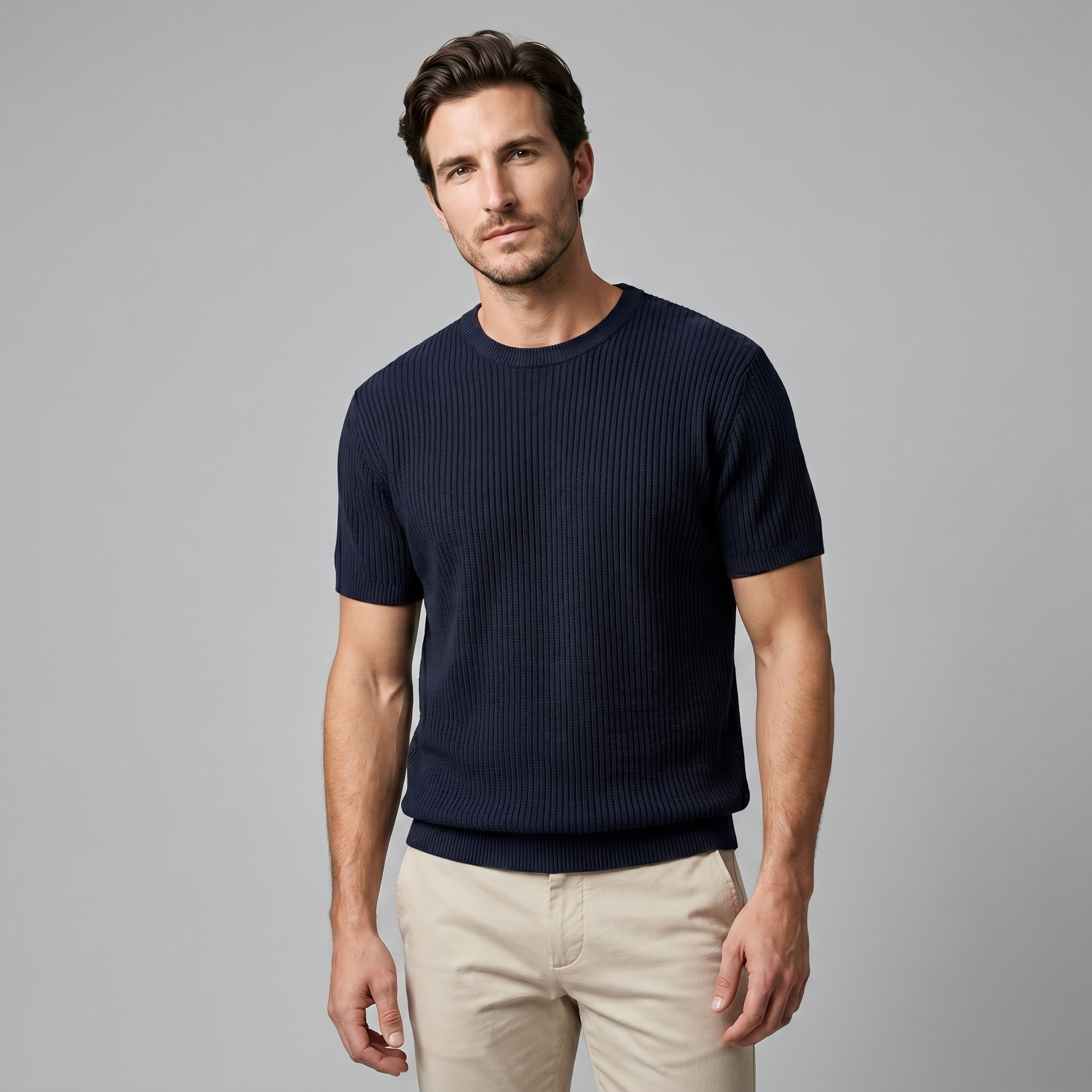 Ribbed Knit T-Shirt Heren Ronde Hals Casual