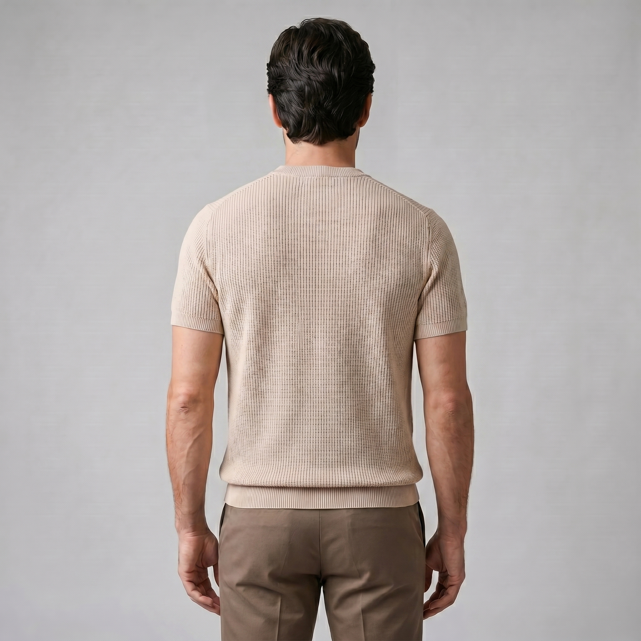 Ribbed Knit T-Shirt Heren Ronde Hals Casual