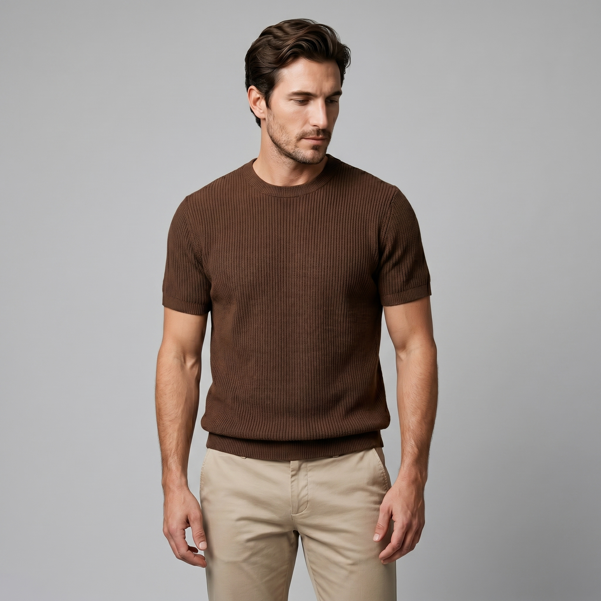 Ribbed Knit T-Shirt Heren Ronde Hals Casual