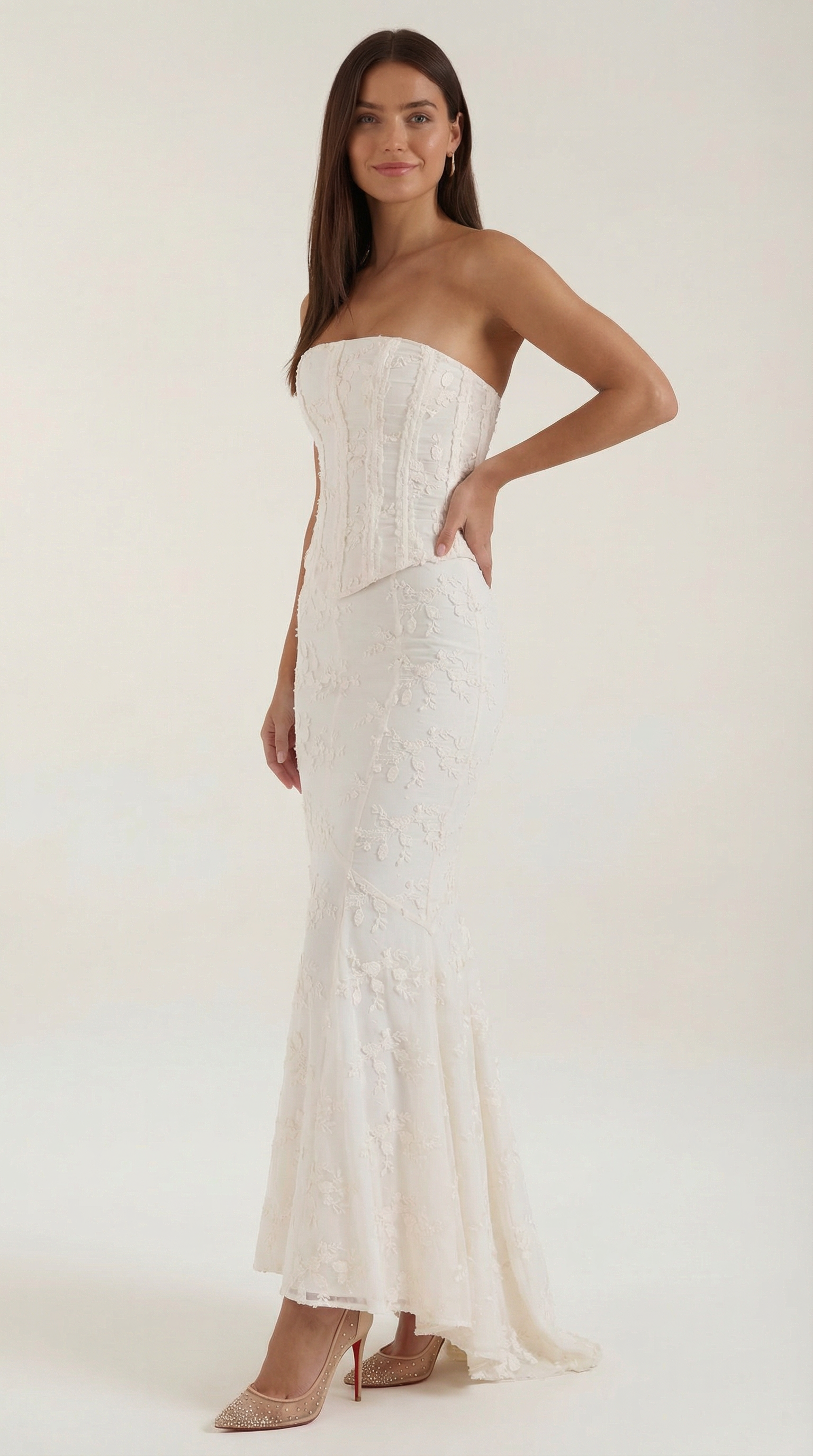 Robe maxi femme style corset dentelle silhouette sirène bustier sans bretelles