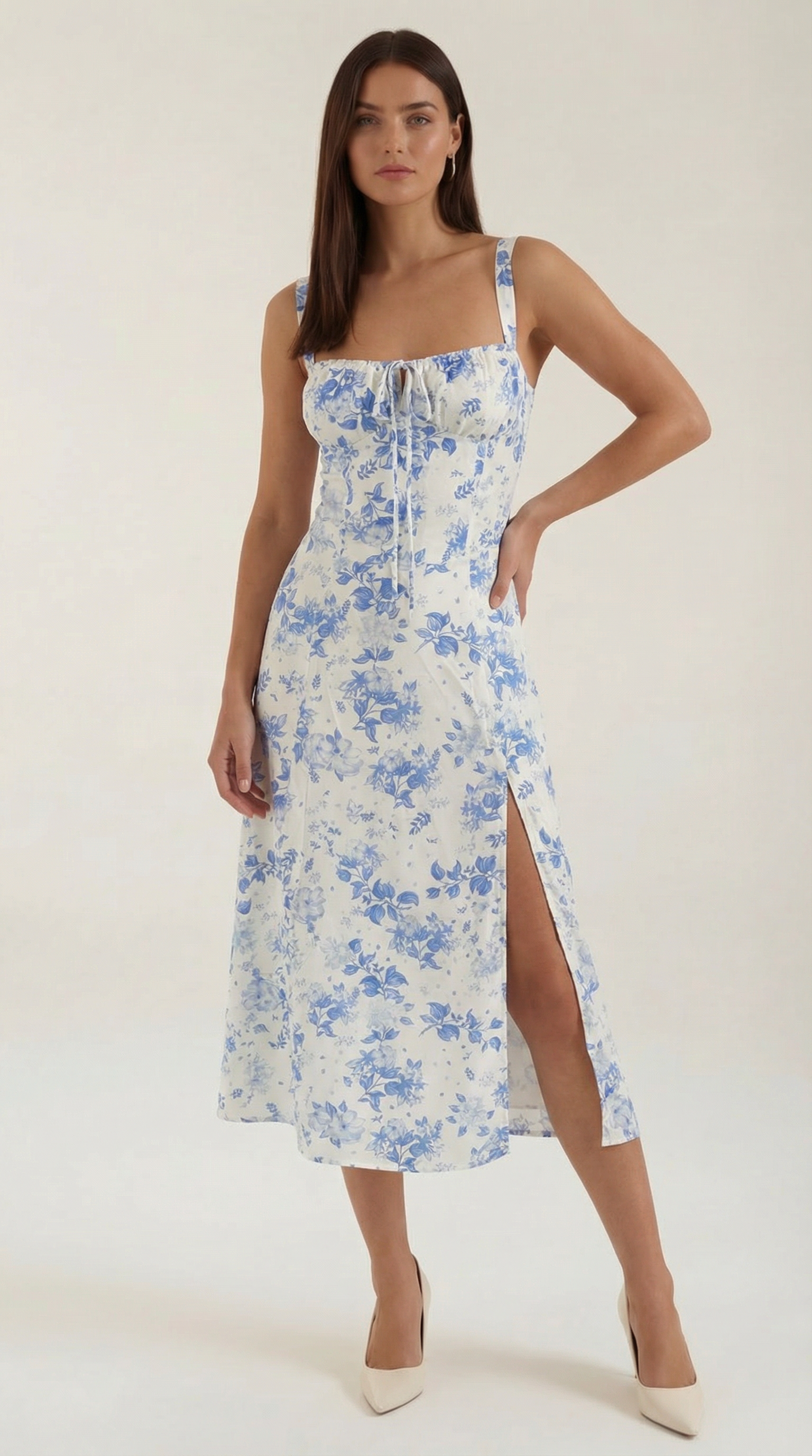 Robe midi femme ligne A vintage imprimé floral col en cœur dos réglable