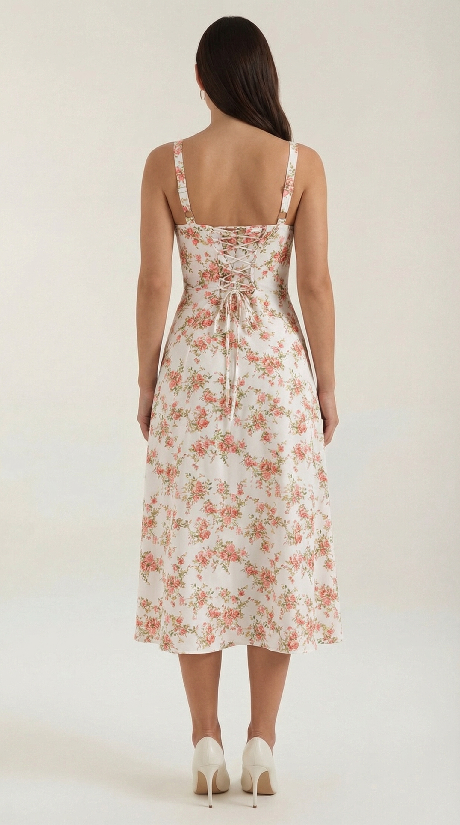 Vestido midi para senhora corte A vintage com estampado floral, decote em coração, costas ajustáveis