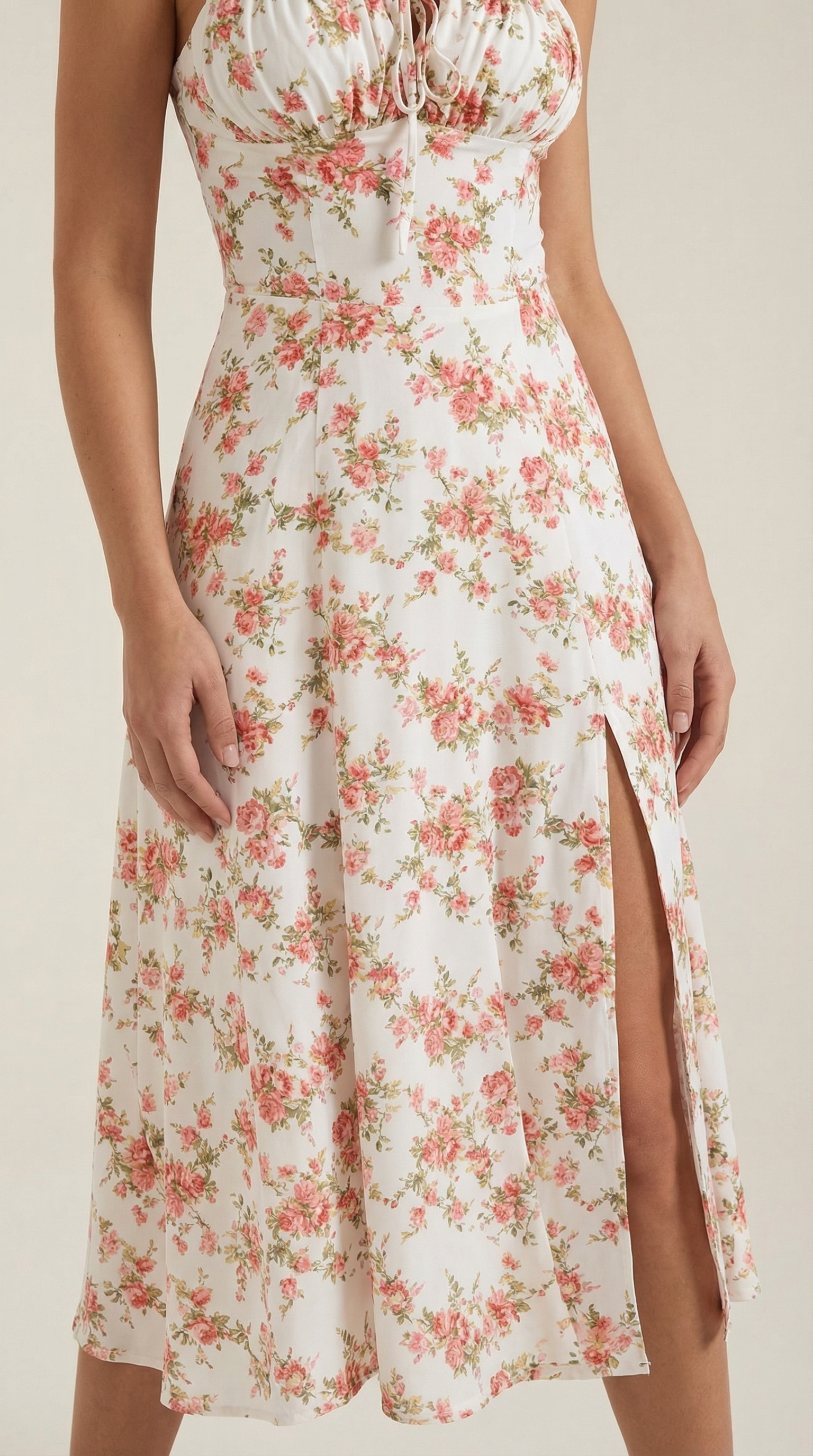 Vestido midi para senhora corte A vintage com estampado floral, decote em coração, costas ajustáveis