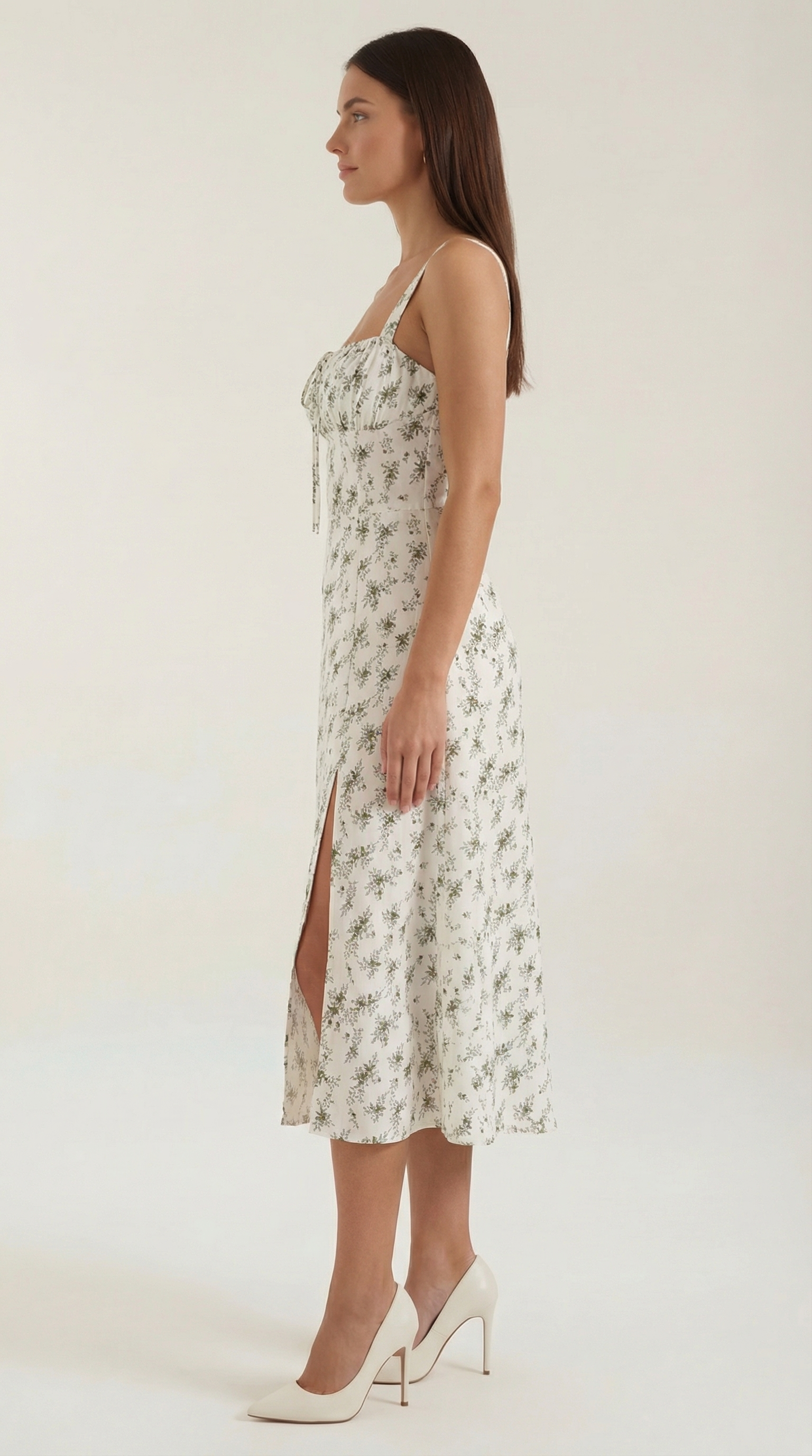 Vestido midi para senhora corte A vintage com estampado floral, decote em coração, costas ajustáveis