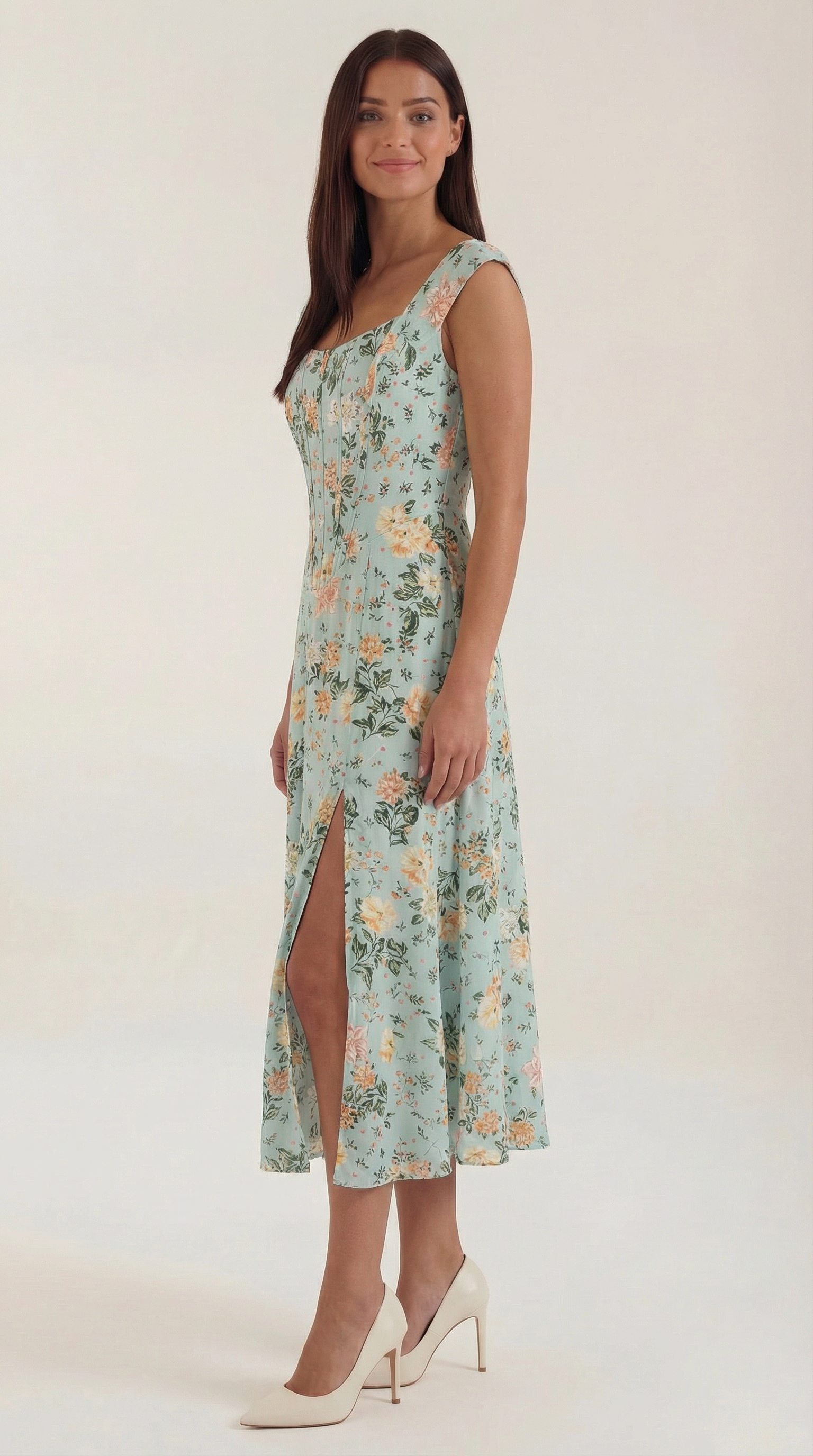Robe midi femme ligne A vintage imprimé floral style bustier bretelles spaghetti