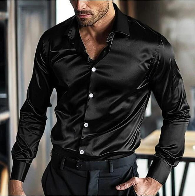 Satijnen Overhemd Heren Slim Fit met Puntkraag en Manchetten