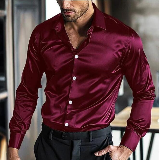 Satijnen Overhemd Heren Slim Fit met Puntkraag en Manchetten