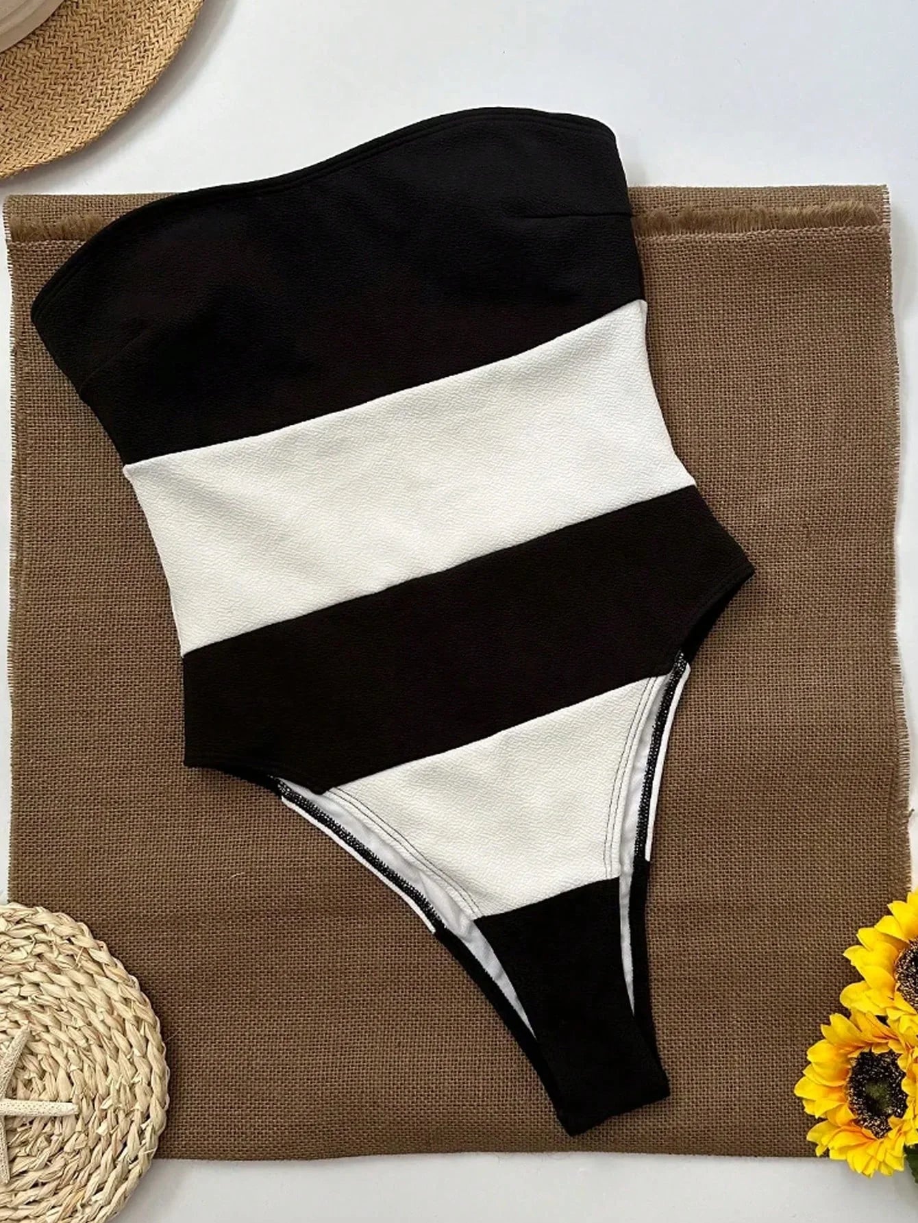 Schulterfreier Jumpsuit Damen Hoher Beinausschnitt Kontraststreifen