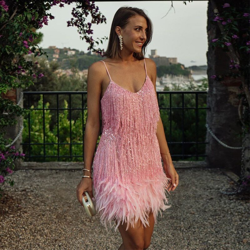 Vestido Mini de Lentejuelas para Dama con Adorno de Plumas para Fiesta Nocturna
