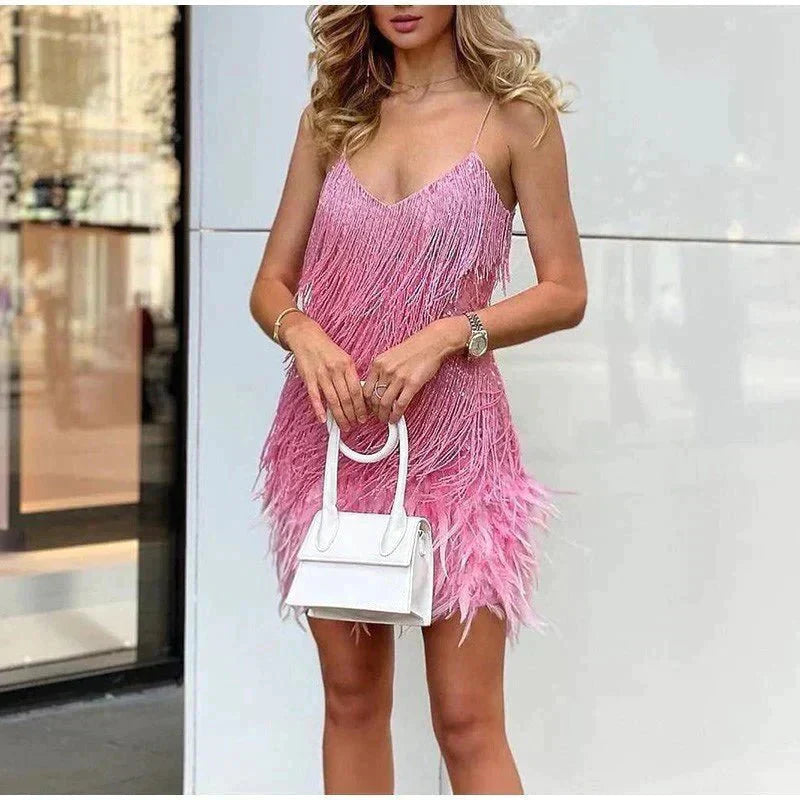 Vestido Mini de Lentejuelas para Dama con Adorno de Plumas para Fiesta Nocturna