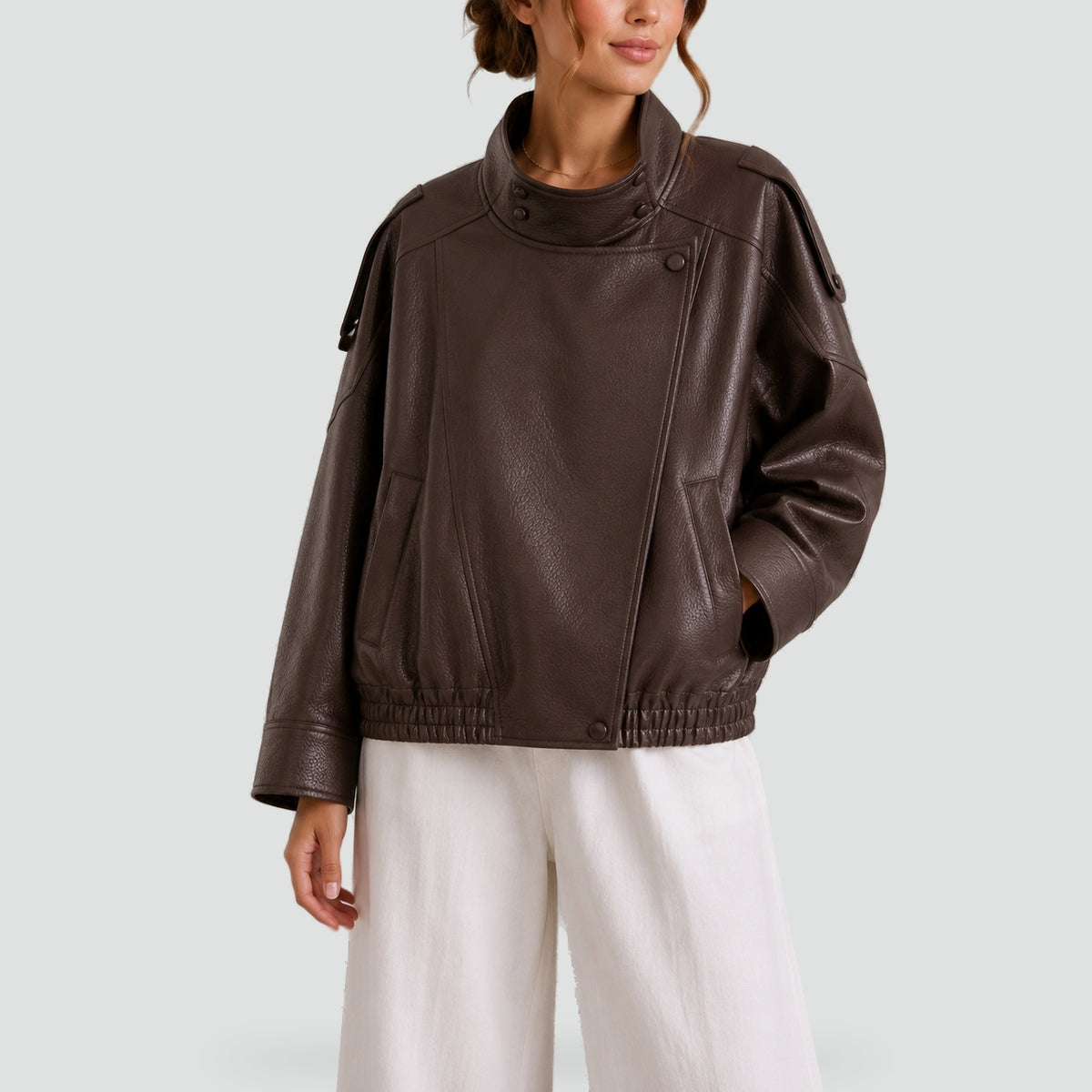 NOEMIE - HIGH COLLAR FAUX LEATHER BOMBER JACKET 1