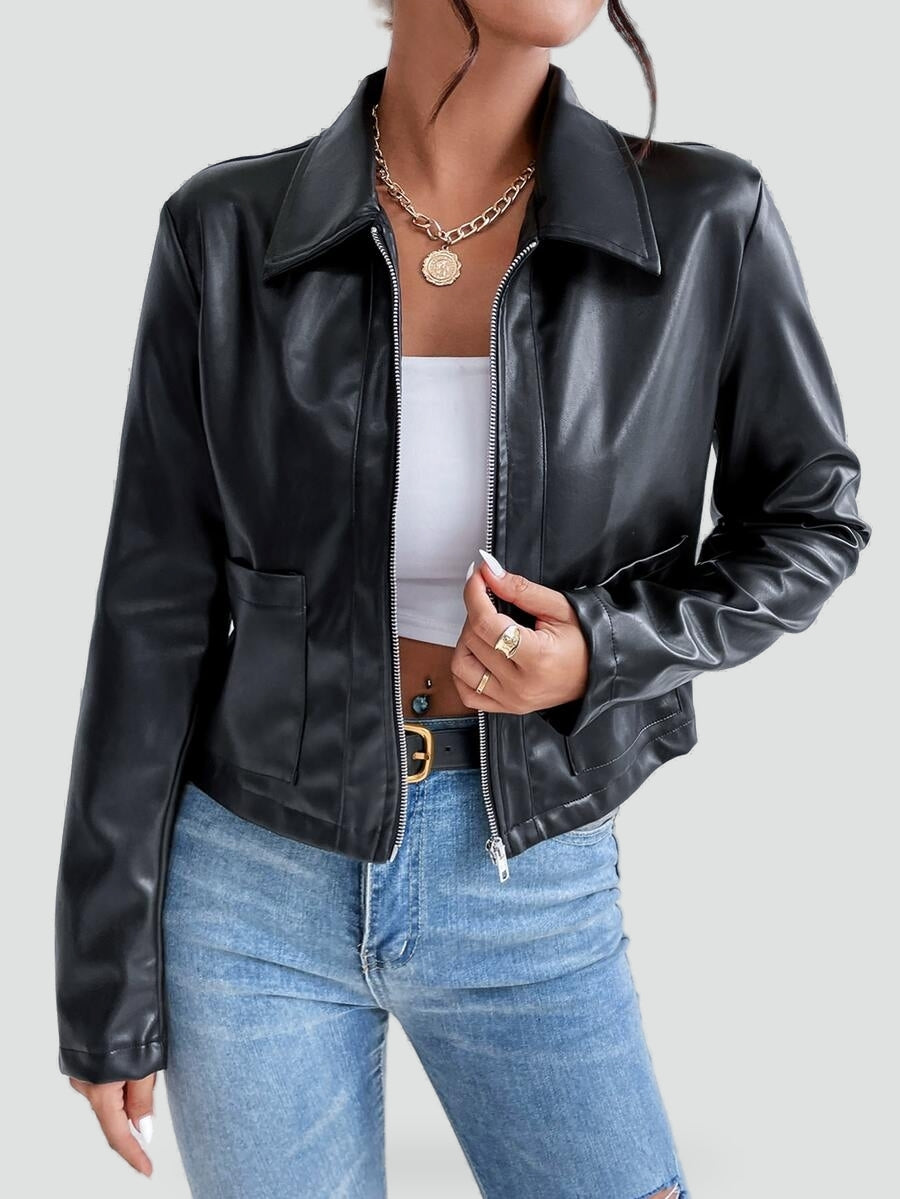 ADRIENNE - CROPPED WIDE COLLAR FAUX LEATHER JACKET 1