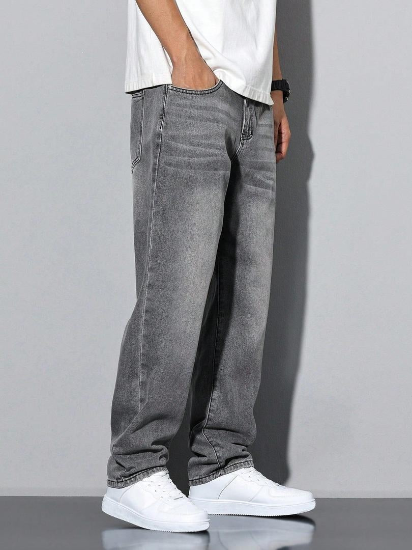 Stoere Rechte Heren Jeans met Washed Denim Look en Zijzakken