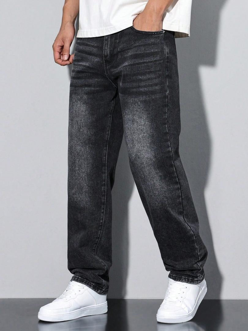 Stoere Rechte Heren Jeans met Washed Denim Look en Zijzakken